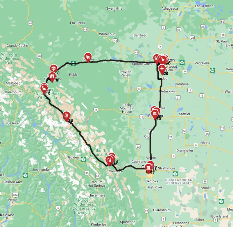 Motorhome route planner for an RV trip from Edmonton